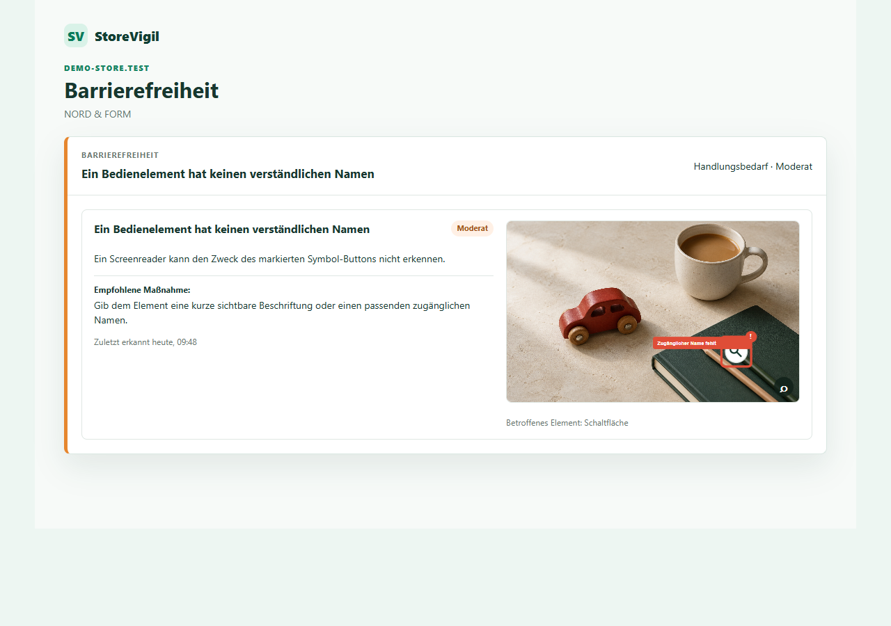 StoreVigil Visual Evidence markiert einen Symbol-Button ohne verständlichen Namen auf einer realistischen Produktseite