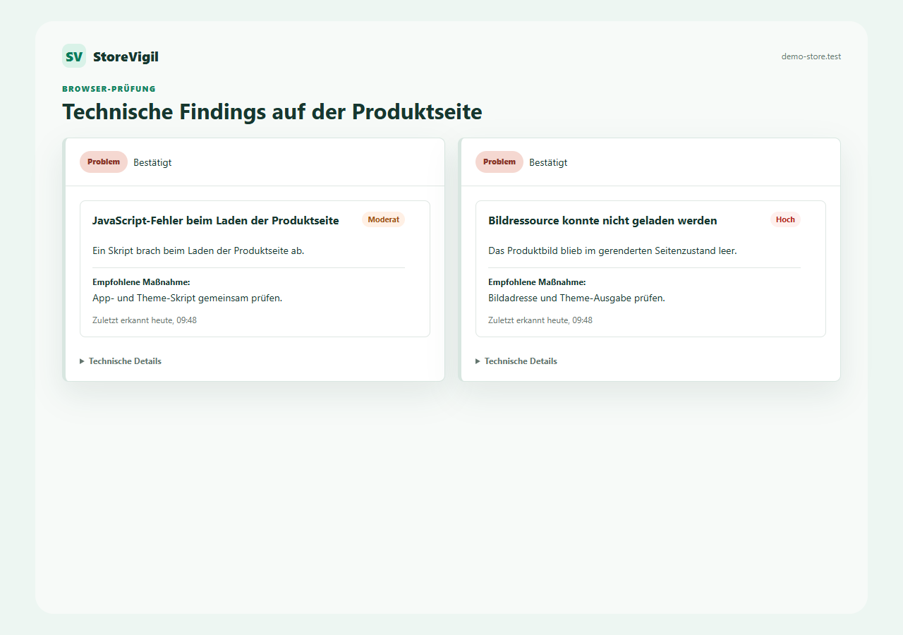 Zwei echte StoreVigil Finding Cards für einen JavaScript-Fehler und eine nicht geladene Bildressource