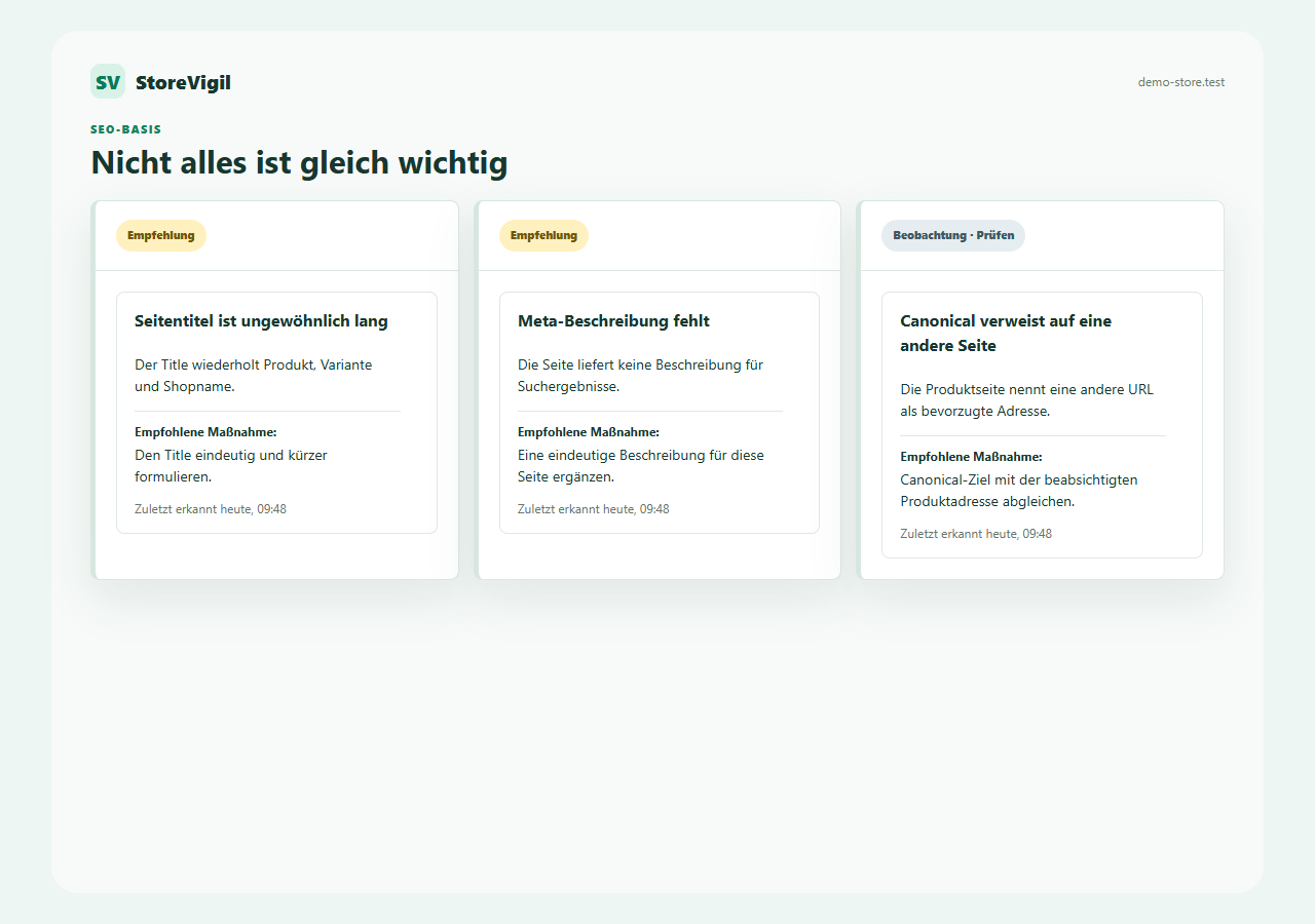 StoreVigil SEO-Findings als zwei Empfehlungen und eine Beobachtung