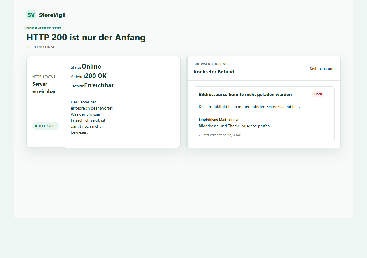 HTTP 200 neben einem konkreten StoreVigil Browserbefund