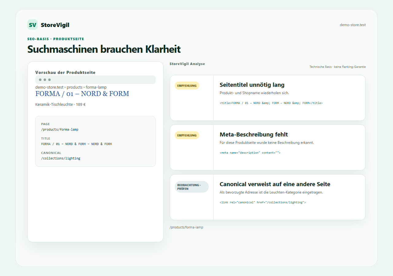 StoreVigil ordnet Titel, Beschreibung und Canonical einer konkreten Produktseite verständlich ein