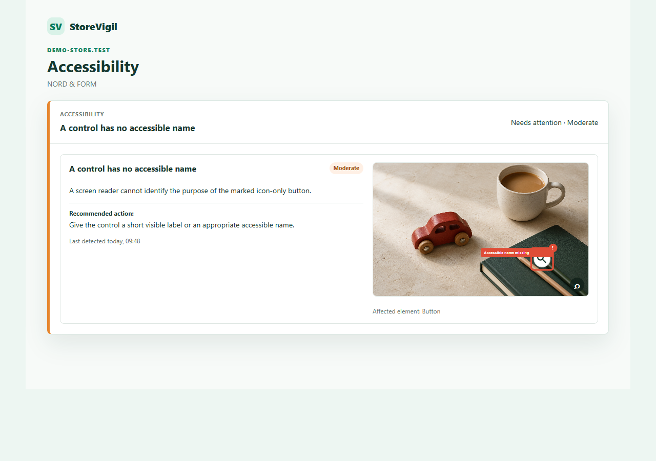 StoreVigil Visual Evidence marks an icon-only control with no accessible name on a realistic product page