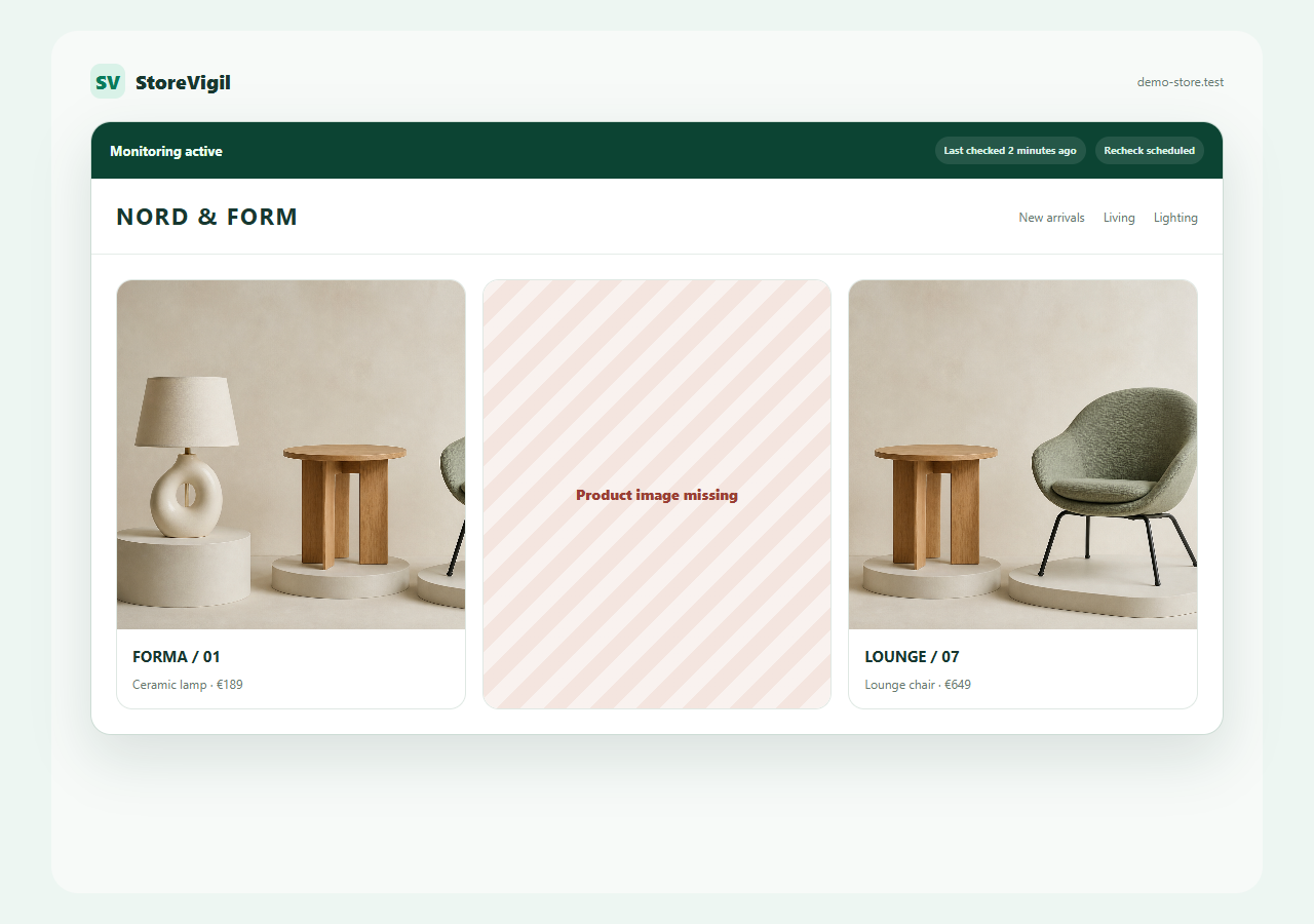 NORD & FORM store page with three home products, one missing image and an active StoreVigil recheck