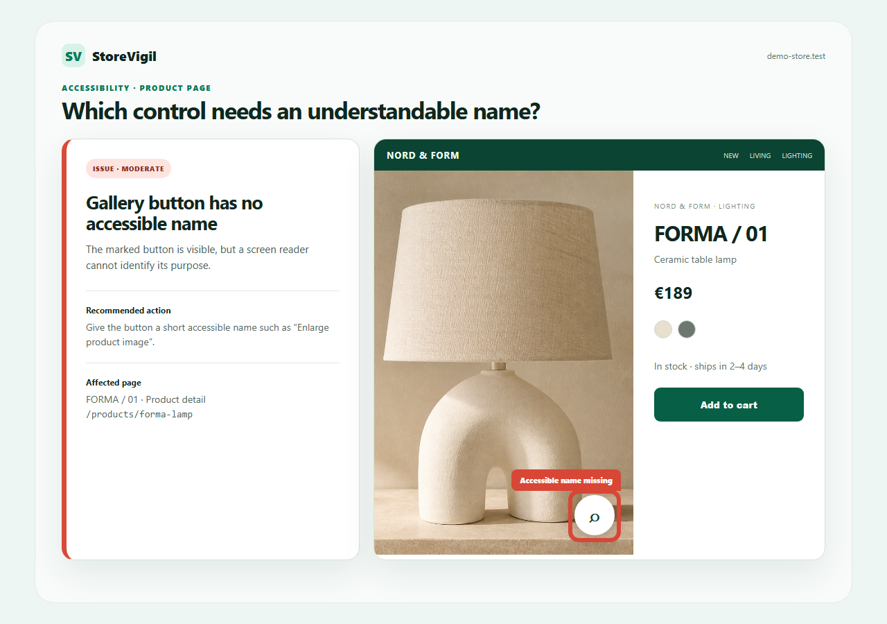 StoreVigil marks an unnamed gallery button directly on a ceramic-lamp product detail page