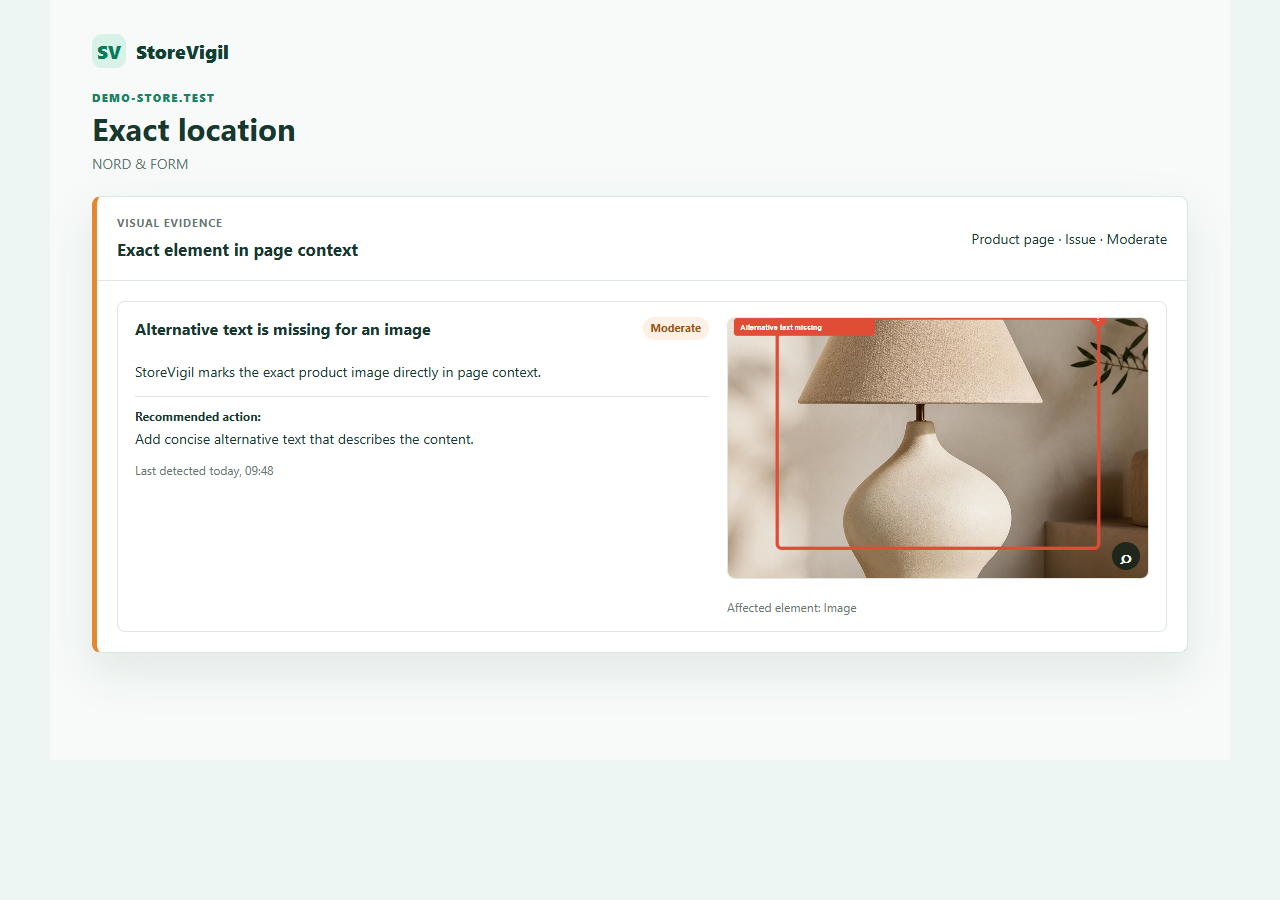 StoreVigil marks an affected ceramic-lamp product image directly in page context